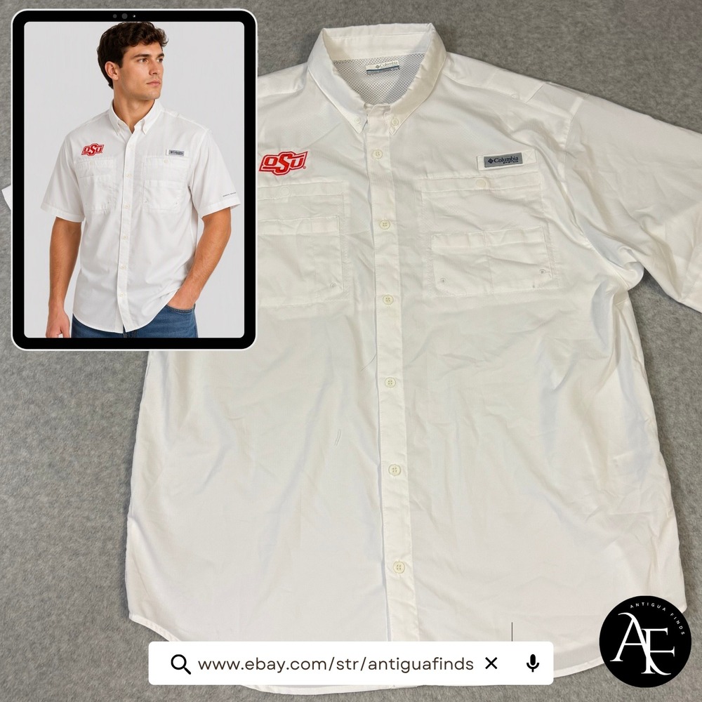 Columbia PFG Mens XL White OSU Oklahoma State Short Sleeve Fishing Shirt